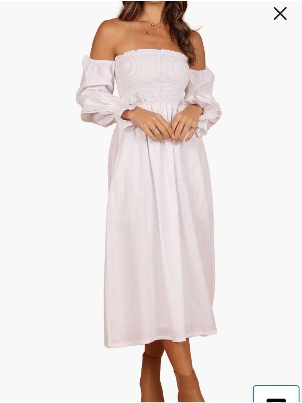 NWOT Petal & Pup White Off-Shoulder Smocked Midi Dress